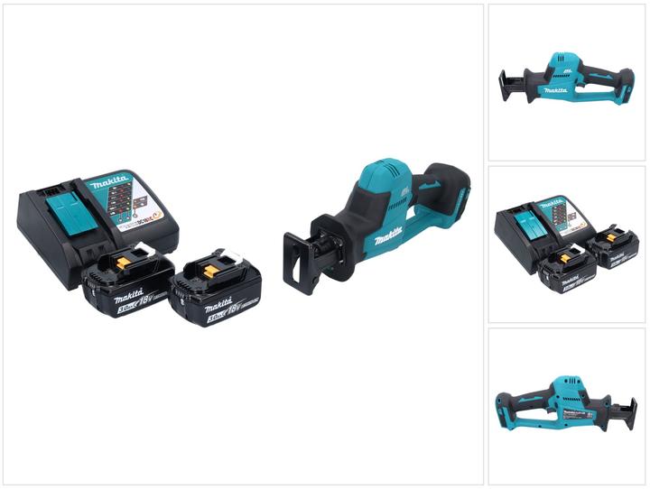 1x Makita DJR 189 cordless Recipro saw, 1x Recipro blade BIM 152, 6-11T, 1x Recipro blade HCS 203, 7-18Z, 1x Recipro blade BIM 152, 6-10Z, 2x Makita BL 1830 B 18 V 3.0 Ah battery, 1x Makita DC 18 RC battery fast charger