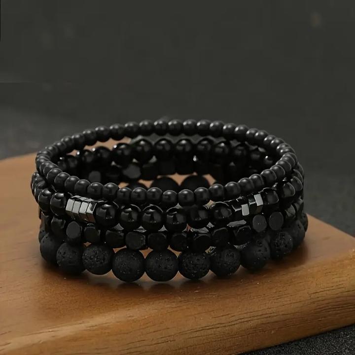 Actual product image Cbx Elastisches schwarzes Perlenarmband-Set, eleganter Boho-Stil Lavastein (High-quality lava stone and plastic beads with metal accents)