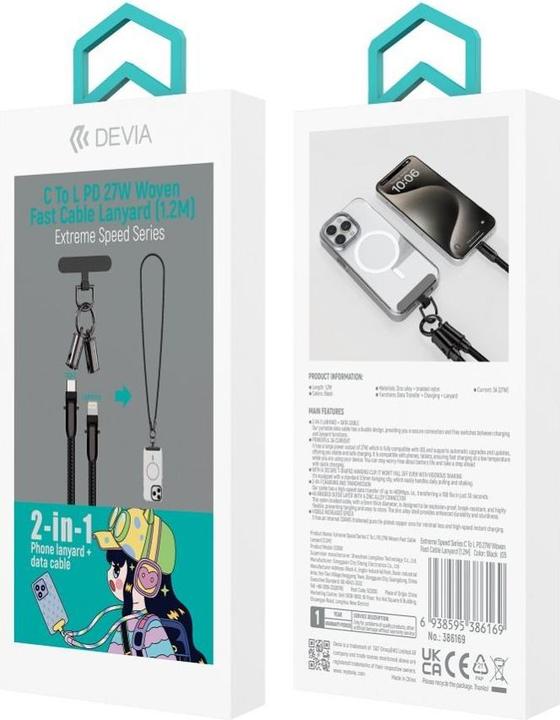 Image du produit Devia câble lanyard 2in1 PD USB-C - Lightning 1,2 m 27W noir (1.20 m, 27 W)