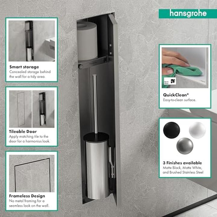 Actual product image hansgrohe XtraStoris Rock toilet brush holder, with shelf, tileable door, frameless, 145x140x595mm
