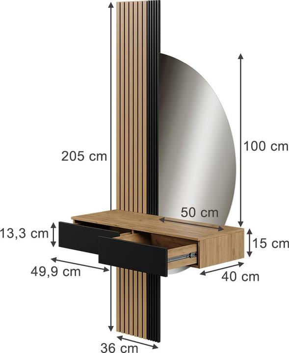 Actual product image Vicco Vanity table Melina, Oak/black, 100 cm with LED mirror