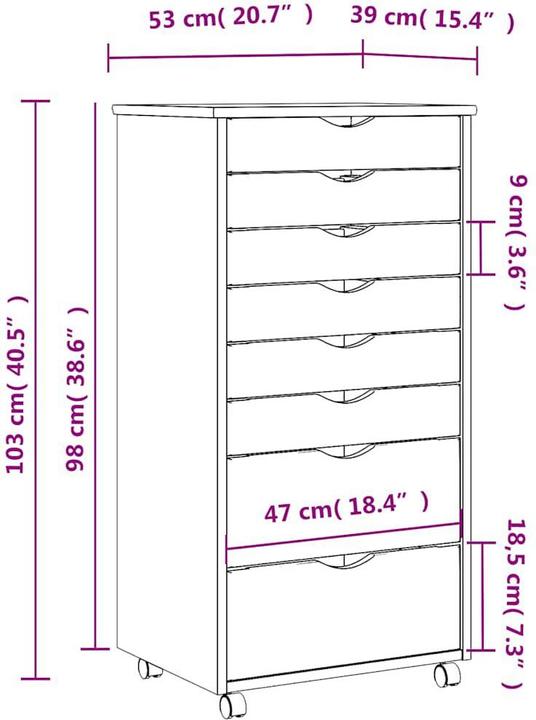 Actual product image VidaXL Rollschrank mit Schubladen MOSS Schwarz Massivholz Kiefer
