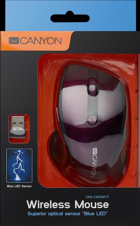 Produktbild Canyon MW-01 2.4GHz wireless mouse 6 buttons, optical tracking - blue LED, DPI 1000/1200/1600, Purpl (Kabellos)