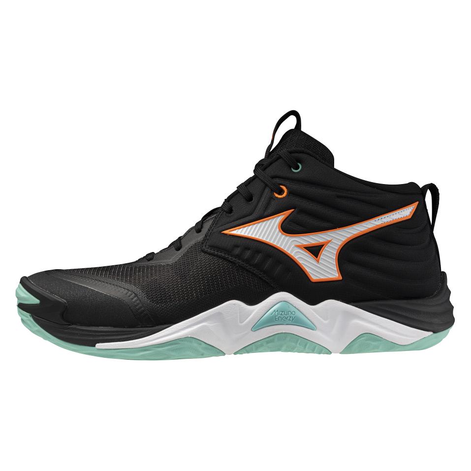 Mizuno, Unisex, Hallenschuhe, Wave Momentum Elite Mid (42.5), Orange, Grün, Schwarz
