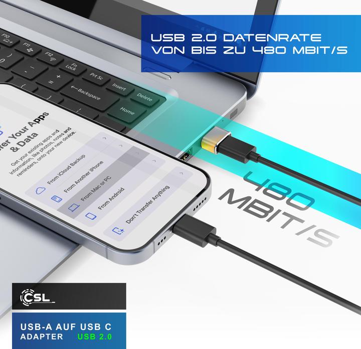 Actual product image CSL Adapter Stecker USB-A auf USB-C Buchse, USB 2.0, 480 Mbit/s Transfer, ultraflaches Design, Plug&Play (USB-C)