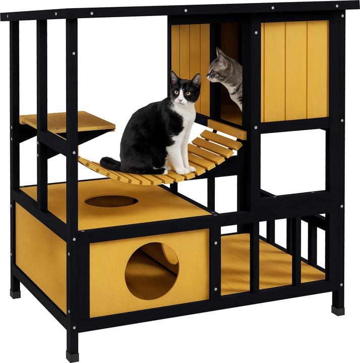 PawHut Katzenhaus Kiefernholz, Tannenholz Gelb+Schwarz