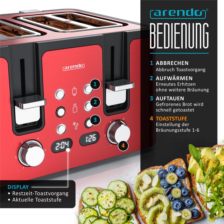 Produktbild Arendo Toaster 4 Scheiben Kurzschlitz, Wärmeisolierendes Doppelwandgehäuse, Edelstahl, Automatik, 1750 W