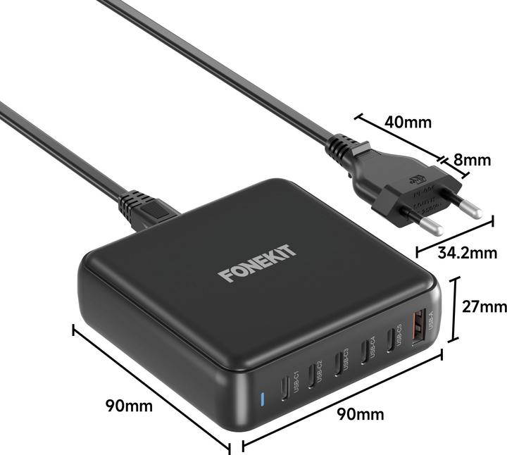 Produktbild FoneKit GaN PD 200W Power Adapter, USB-A + 5 x USB-C, black (200 W)