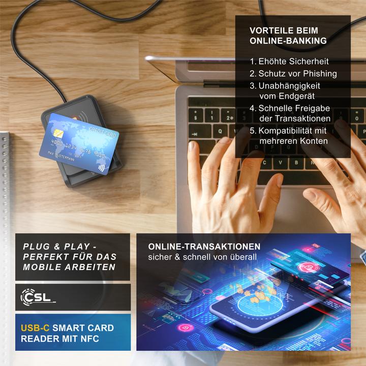 Produktbild CSL Chipkartenleser, SmartCard Reader USB C, NFC, SIM Kartenlesegerät, Personalausweis, Bankkarten uvm. (USB-C)