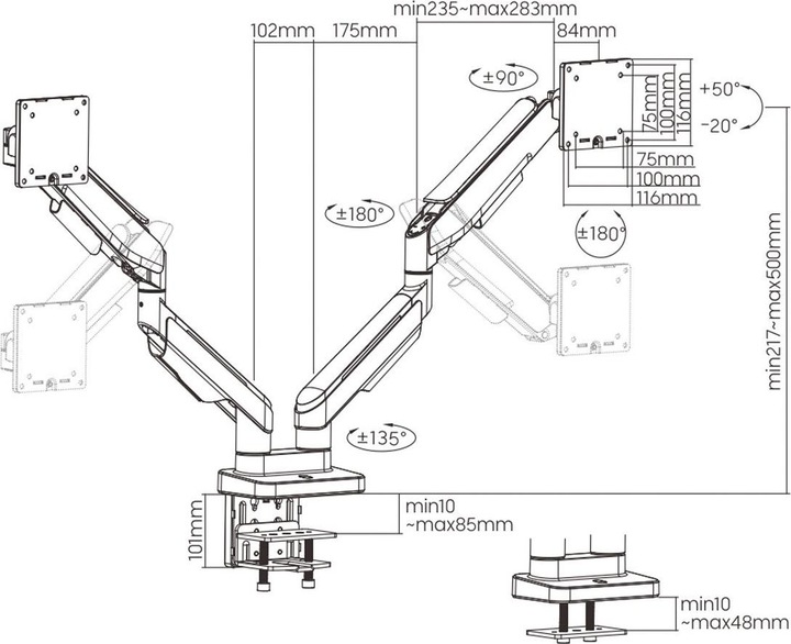 Produktbild Roline LCD-Doppelarm, Tischmontage, Gasfeder, je 5 Gelenke, max. 20 kg (Tisch, 35")