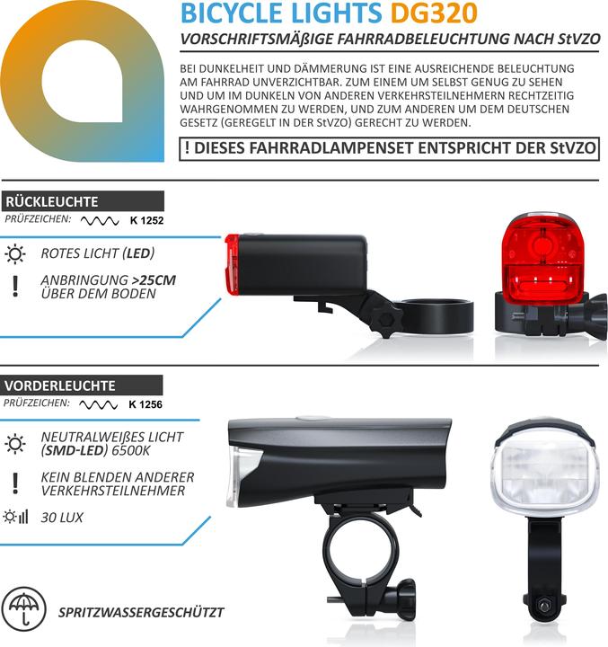 Produktbild Aplic LED Velobeleuchtung Fahrradlicht Set, StVZO zugelassen - Fahrradlampe Fahrradlicht Fahrradlampenset (30 lm)