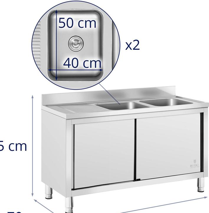 Produktbild Royal Catering Spülenschrank Spülenunterschrank Spülschrank Edelstahl 2 Becken: 500x400x300 mm
