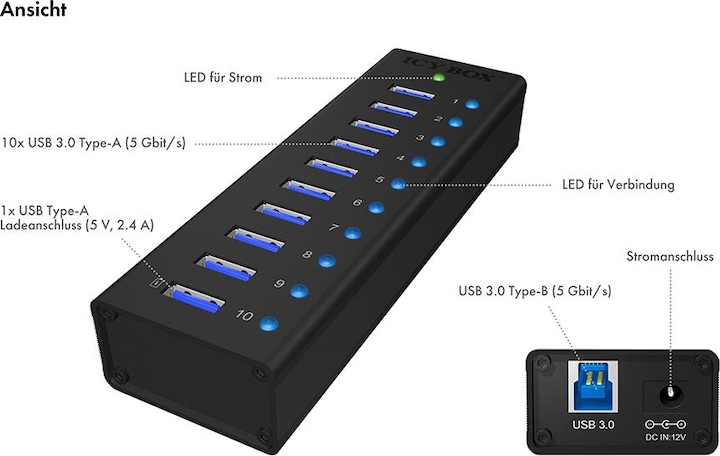 Actual product image Icy Box Ib-Ac6110 (USB-B, 10 Ports)