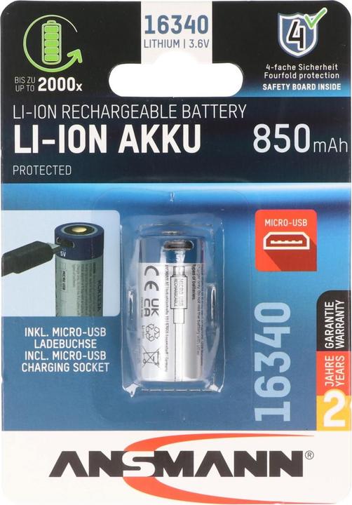 Actual product image Ansmann Akku 16340, RCR123, CR123A mit USB-C Ladebuchse (850 mAh)