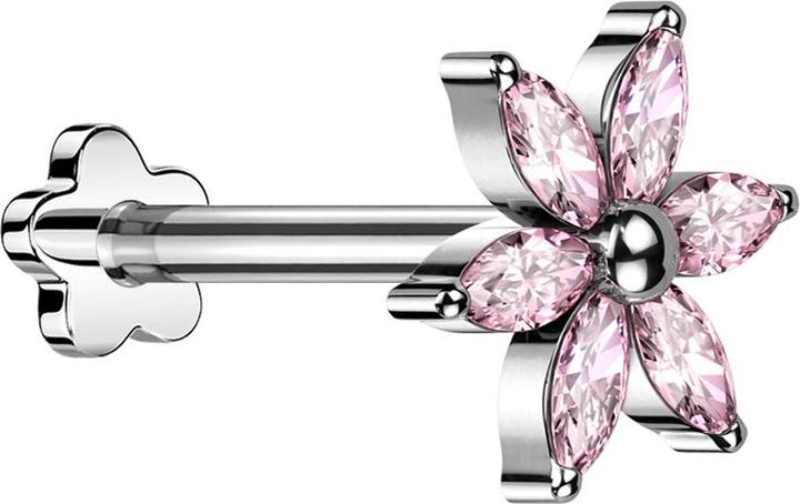 Image du produit Star Piercing Micro Threadless Labret Blume silber Blume silber Kristalle pink (sans laiton, Titane)