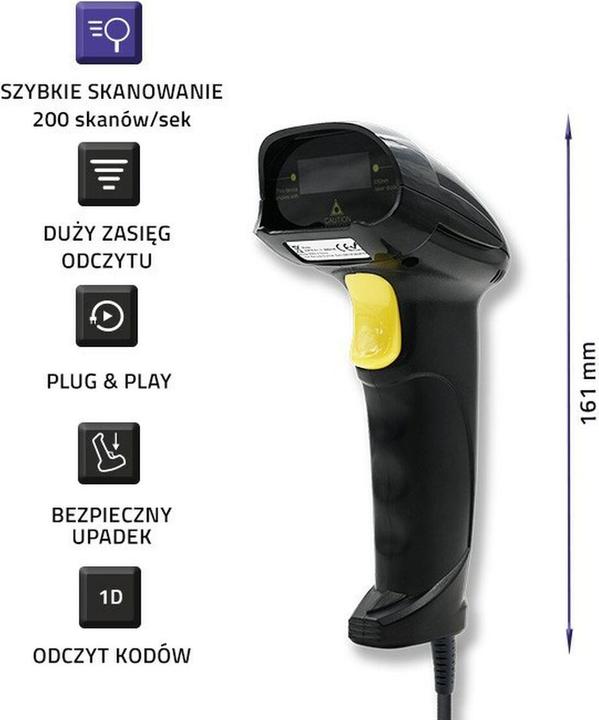 Actual product image Qoltec 1D Laser Barcode Scanner | USB | Black (1D barcodes)