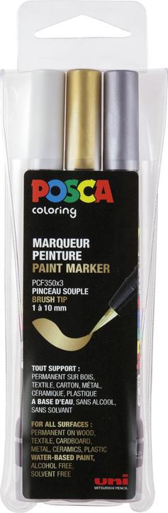 Posca pensel marker saet PCF-350, tre farver, guld, sølv og hvid (Metallic assorted, 10 mm, 3 x)