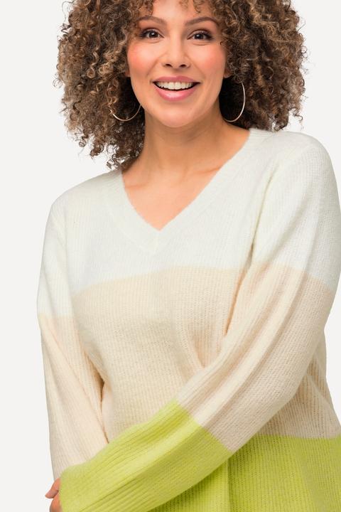 Actual product image Ulla Popken Block Stripe Long Sleeve V-Neck Sweater (56)
