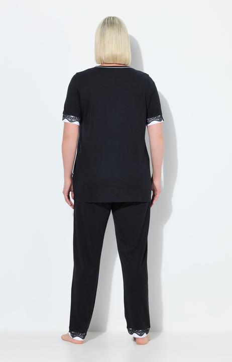 Image du produit Ulla Popken Pyjama à manches courtes, col rond et poches, ourlet en dentelle (50, 52)