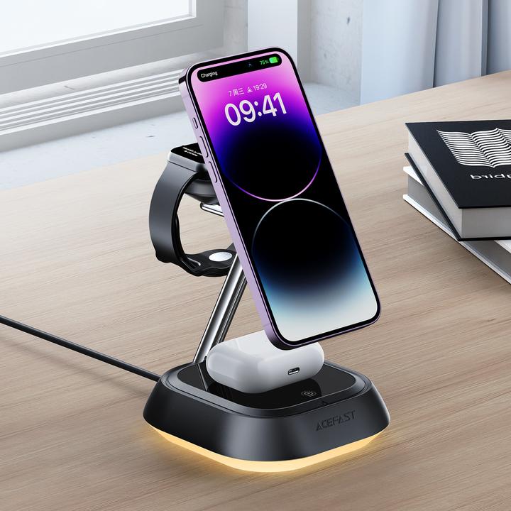 Actual product image Acefast 3in1 E16 15W inductive charging station for phone / headphones / watch - black (15 W)