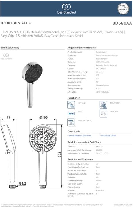 Produktbild Ideal Standard 2 Funktions-Handbrause Alu+ Durchmesser: 100mm (2 Strahlarten, 8 l/min)
