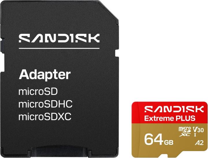 Image du produit SANDISK microSDXC Extreme Plus 64GB (UHS-I, R200MB/s / W90MB/s, 5K, 4K UHD) (64 Go, microSDHC, U3, UHS-I)