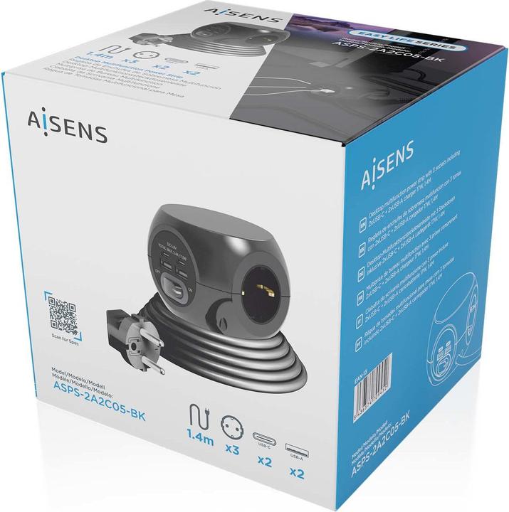 Produktbild Aisens REGLETA ENCHUFES 3 TOMAS 2XUSB-C, 2XUSB-A 1.4M NEGRO (1.40 m, CEE 7/3)