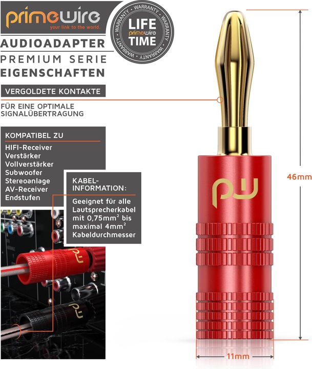 Image du produit Primewire Fiche banane pour haut-parleurs Câble jusqu'à 6mm², fiche haut-parleur pour amplificateurs
