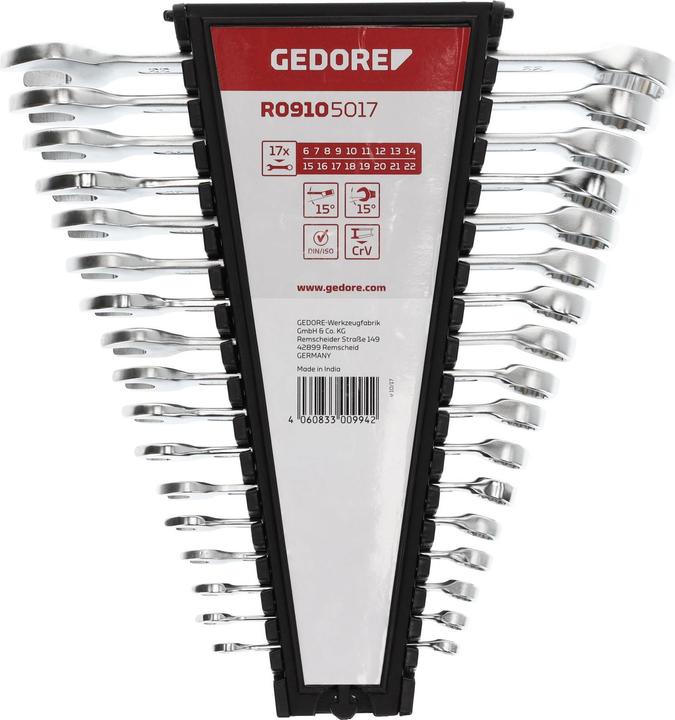 Actual product image Gedore Red red Combination spanner set, 17-piece, SW 6-22, chrome vanadium steel, silver (8 mm, 19 mm, 7 mm, 20 mm, 22 mm, 11 mm, 15 mm, 13 mm, 17 mm, 21 mm, 6 mm, 16 mm, 18 mm, 12 mm, 14 mm, 9 mm, 10 mm)
