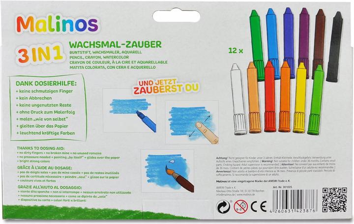 Produktbild Malinos Wachsmalstifte 3-in-1 (Schwarz, Braun, Dunkelblau, Hellblau, Hellgrün, Lila, Weiss, Rot, Grün, Gelb, Orange, Rosa, 12 x)