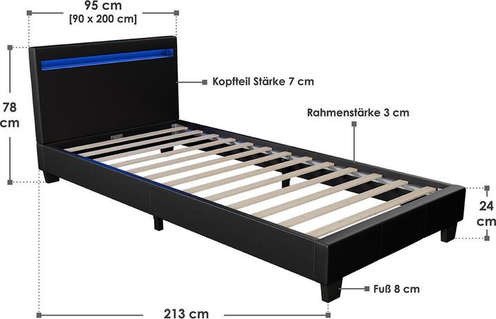 Actual product image Juskys LED upholstered bed Verona with slatted frame (90 x 200 cm)