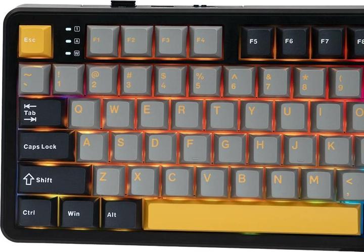 Produktbild Aula Tastatur mit Gasket-Tastenanschlag F108 Grau+Orange+Dunkelgrau Volcano-Schalter RGB (DE, Kabelgebunden, Kabellos)