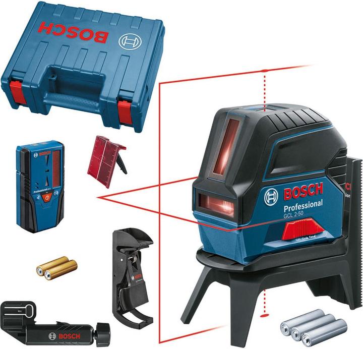 Bosch GCL 2-50, Craftsman's case, LR 6 laser receiver, RM1 swivel bracket, Target plate, Wall mount
