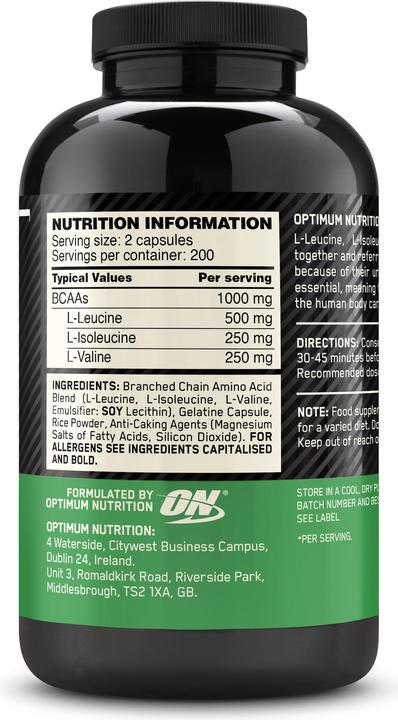 Nährwerte und Zutaten Optimum Nutrition Bcaa 1000 (Neutral, 400 Stk., 300 g)