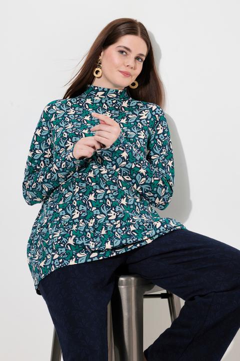 Actual product image Ulla Popken Eco Cotton Abstract Foliage Print Long Sleeve Turtleneck Tee (56)