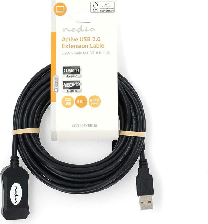 Actual product image Nedis Active USB cable | USB 2.0 | USB-A male | USB-A female | 480 Mbps | 5.00 m | Round | Vernick (5 m, USB 2.0)