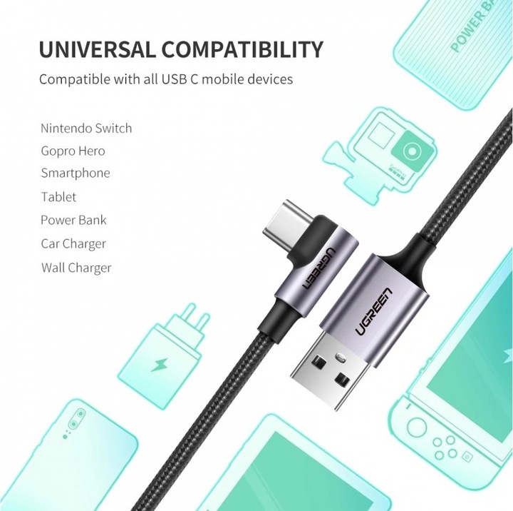 Actual product image Ugreen USB-C angled to USB-A 2.0 A data cable (2 m, USB 2.0)
