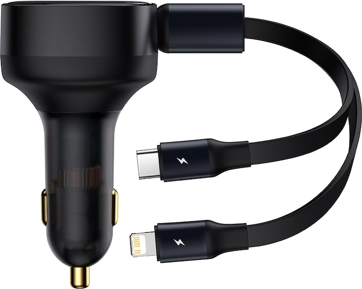 Actual product image Baseus Enjoyment Car Charger with cable USB-C + Lightning 3A, 30W (Black)