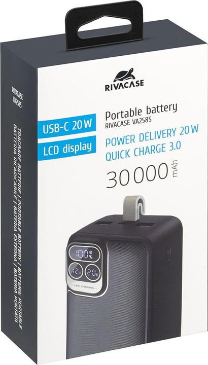 Produktbild Rivacase Powerbank 30000 mAh USB-C 20W + LCD schwarz (1x I/O USB-C PD 18W / PD 20W 2x USB-A QC 3.0 (30000 mAh, 20 W, 111 Wh)