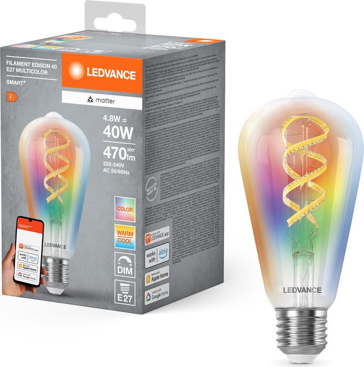 Image du produit Ledvance SMART+ MATTER FILAMENT EDISON MULTICOLOR 4.8W 827...865 Multicolore E27 (E27, 470 lm, 4x)