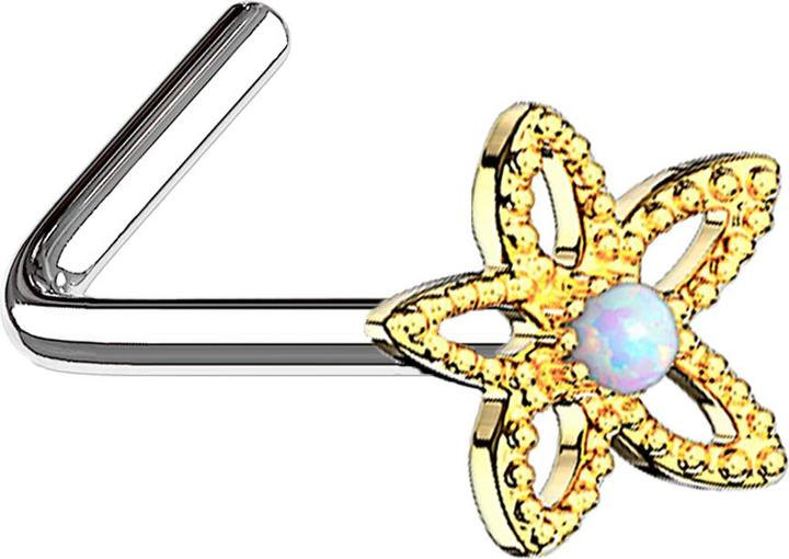 Produktbild Star Piercing Nasenstecker gewinkelt 14k vergoldet filigrane Opal Blume weiss (Messing, Chirurgenstahl 316L)