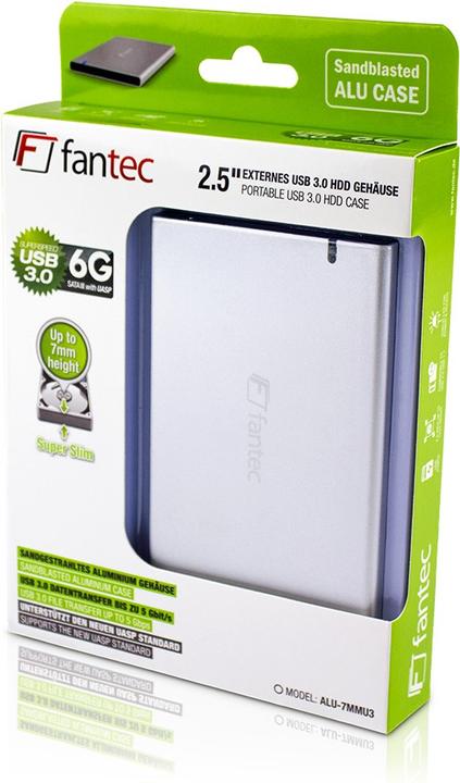 Productafbeelding Fantec ALU-7MMU3 Externe 6,35cm 2,5inch SATA III HDD-behuizing met 7mm hoogte USB 3.0 UASP gezandstraald... (2.5")