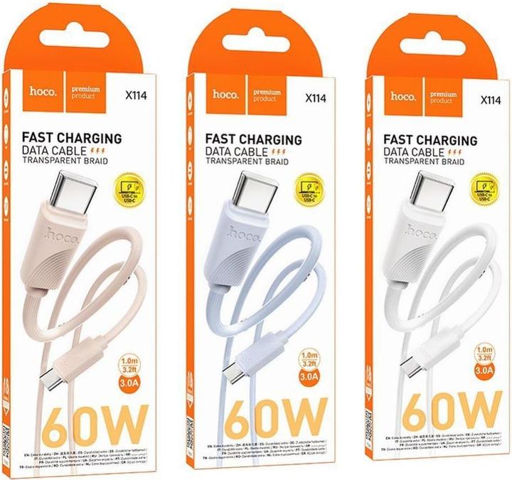 Actual product image Hoco Cable cable Type C to Type C 3A 60W X114 1 m pink (USB 3.2 Gen 1, 60 W)