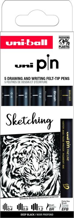 Produktbild Uni-ball Fineliner PIN ""Sketching"" PF, 5er Set wasserbeständige, pigmentierte Tinte, metalleingefasste (Schwarz, 5 x)