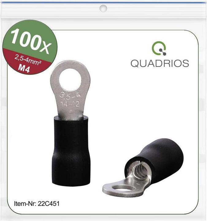 Produktbild Quadrios 22C451 Ringkabelschuh Querschnitt (max.)=4.0 mm² Loch-Ø=4.3 mm Teilisoliert Schwarz 1 Set