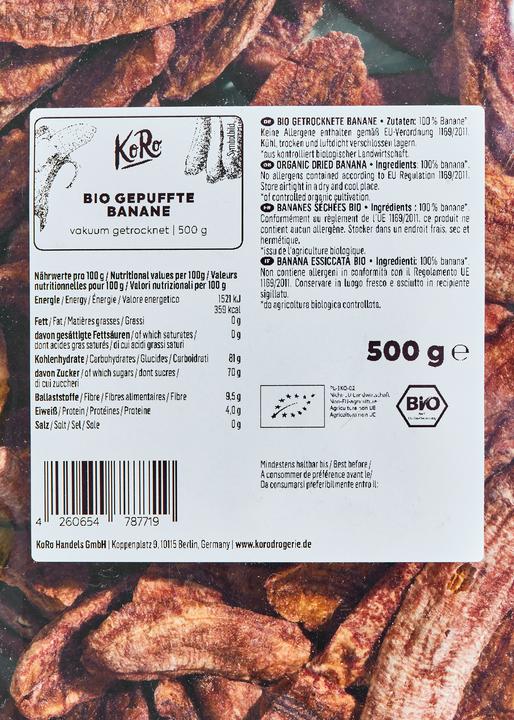 Nutritional values and ingredients KoRo Organic dried banana (500 g)
