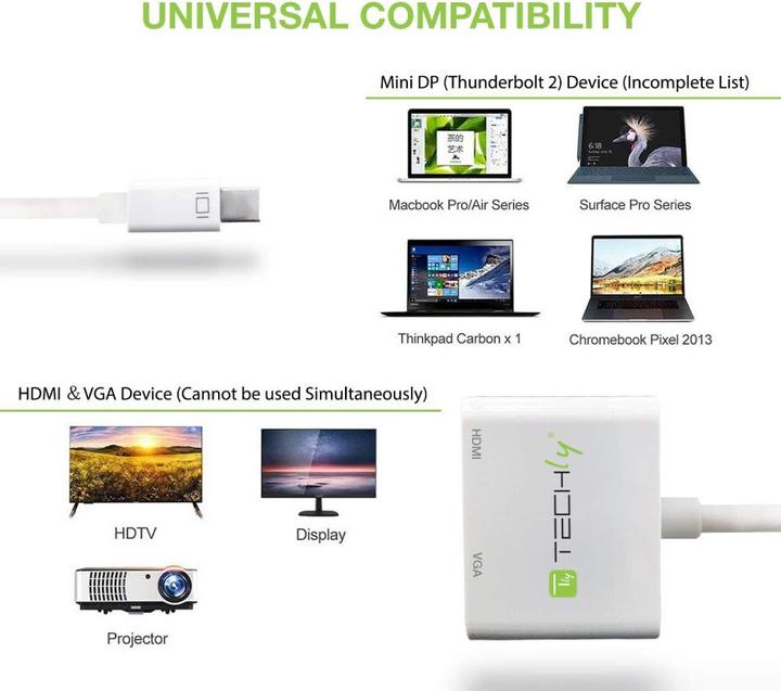 Produktbild Techly IADAP-MDP-VGAH12. Kabellänge: 0,15 m, Anschluss 1: Mini DisplayPort, Anschluss 2: HDMI + VGA (D-Sub) (HDMI, Mini DP, 6 cm)