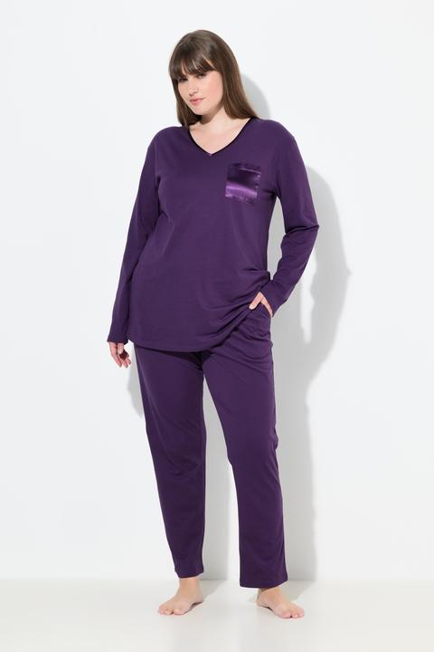Produktbild Ulla Popken Pyjama, Satin-Brusttasche, V-Ausschnitt, Langarm (68)