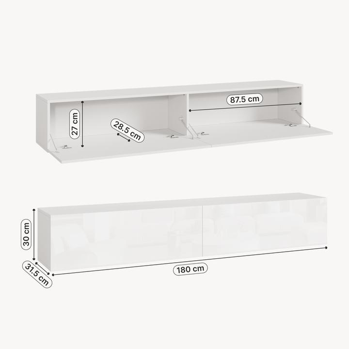Produktbild En.Casa Hängeboard Evaton 180x32x30 cm Weiss, hochglanz (180 x 31.50 x 30 cm)