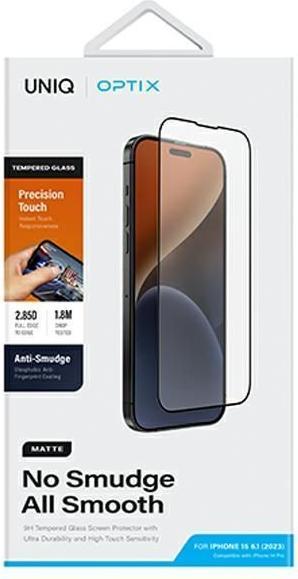 Actual product image Uniq Optix Matte iPhone 15 6.1" / 14 Pro 6.1" matowe szkło hartowane z aplikatorem (Apple iPhone 14 Pro, Apple iPhone 15)